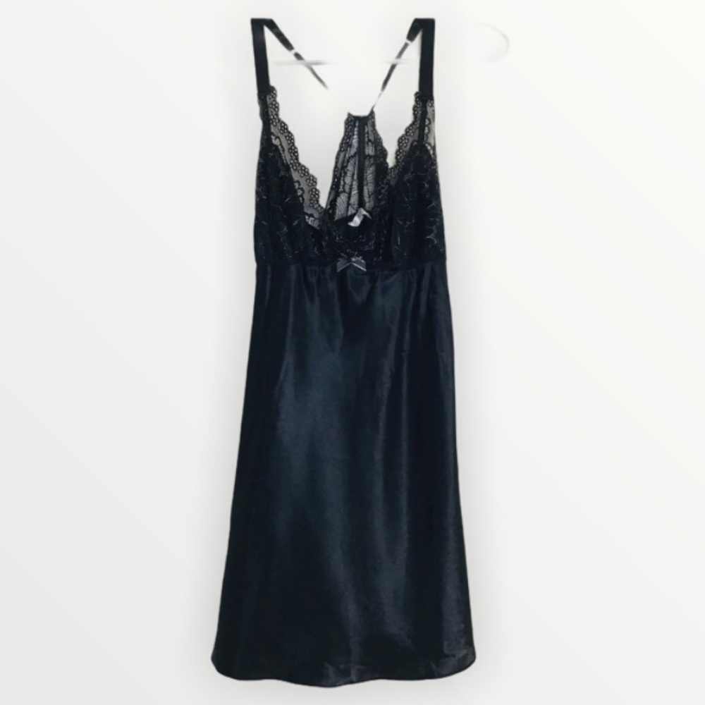 Flora black lace slip dress